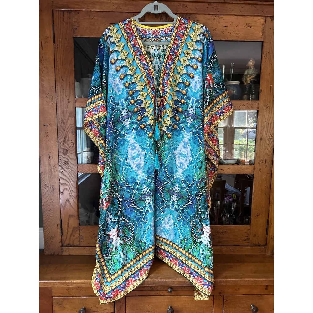 True Colours La Moda Cover Up Resort Beach Kaftan Beads Tassels Blue OS